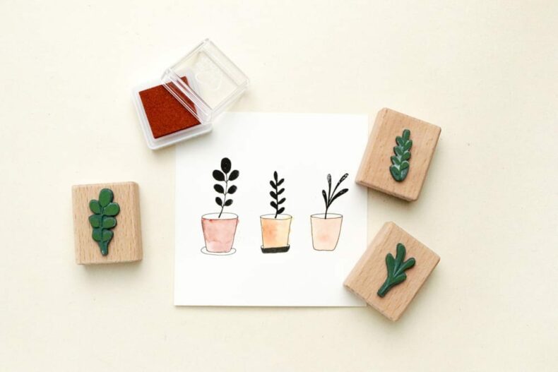 Stempel Set Pflänzchen, drei HOlzstempel im Baumwollbeutel | STUDIO KARAMELO