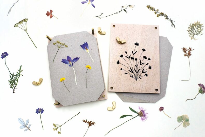 Blumenpresse aus Buchenholz Motiv Wiesenblume mit gepresste Butterblumen, Krokus, Flockenblume