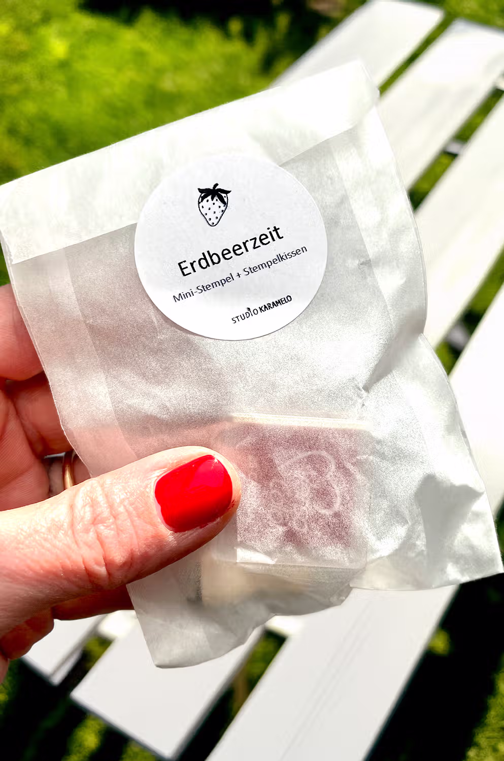 Ministempel Erdbeere mit rotem Stempelkissen zusammen im Stempelset Erdbeerzeit