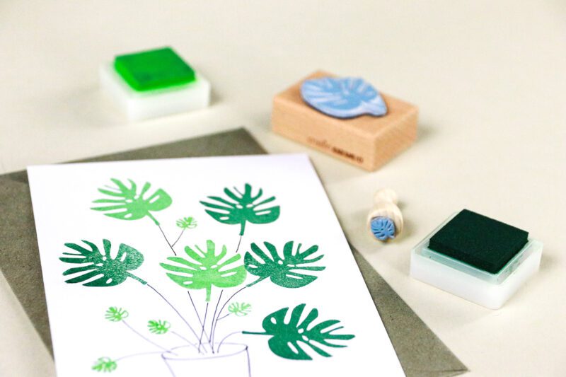 Stempel Set Monstera mit Monsterablatt in klein und groß und zwei Stempelkissen