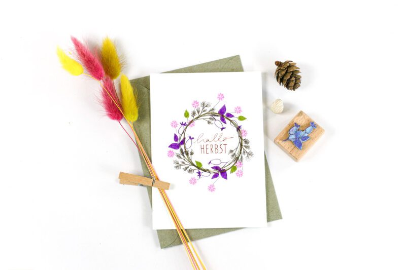 Textstempel hallo Herbst von Blumenkranz umrankt, Stempel Hagebutte