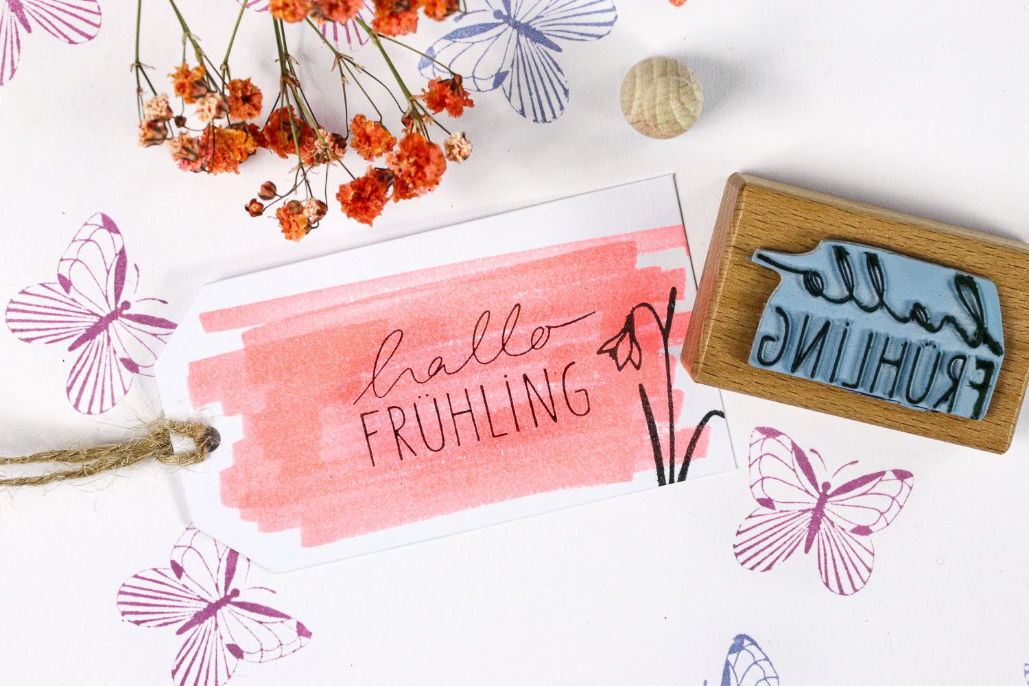 Textstempel Hallo Frühling mit Schneeglöckchen gestempelt